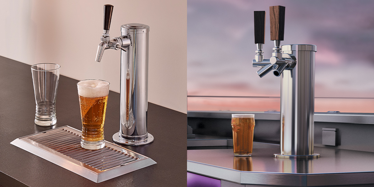 Two photos of different kegerator tap configurations, both of which have a glass of beer sitting next to them