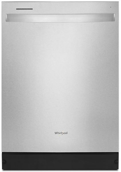 Front of a Stainless Steel Whirlpool Dishwasher
