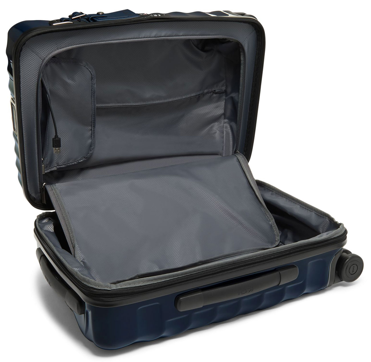 Open View of the TUMI 19 Degree Navy International Expandable 4 Wheeled Carry-On