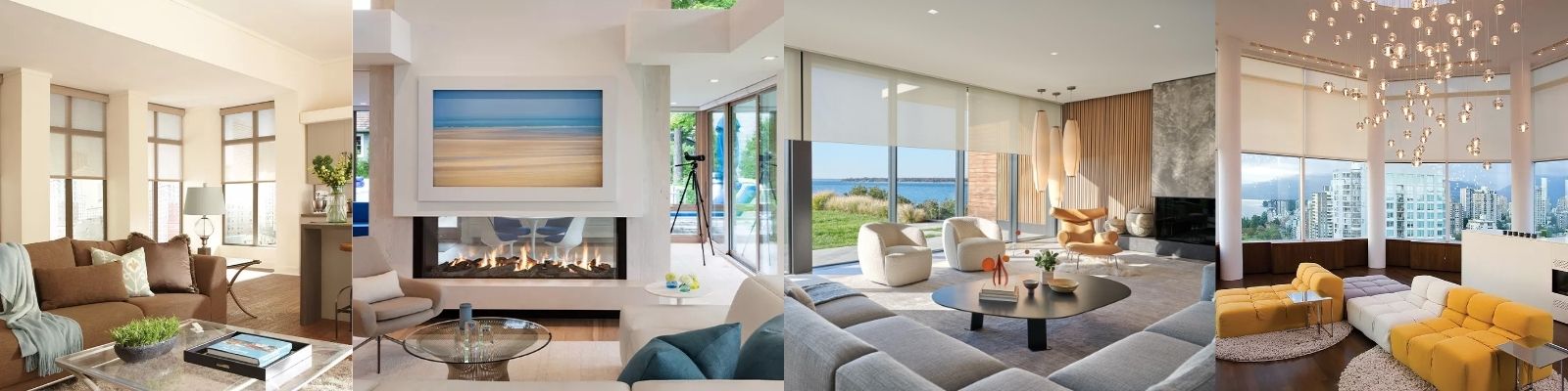 multi room collage of images showcasing different installs from Lutron shading and lighting.
