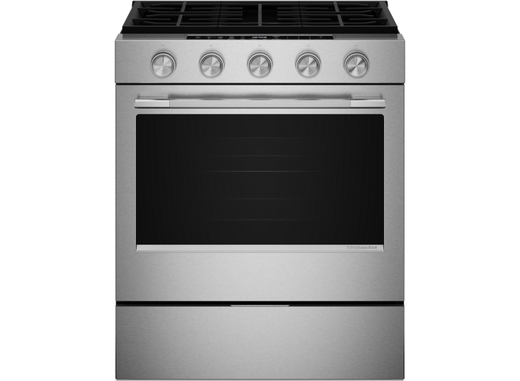 KitchenAid 5 Cu. Ft. Slide-in Gas Range with Convection Cooking 30-Inch Wide in PrintShield Stainless Steel - KSGS330SPS