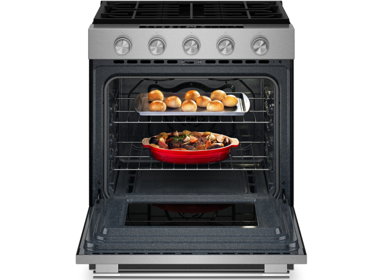 KitchenAid 5 Cu. Ft. Slide-in Gas Range with Convection Cooking 30-Inch Wide in PrintShield Stainless Steel - KSGS330SPS
