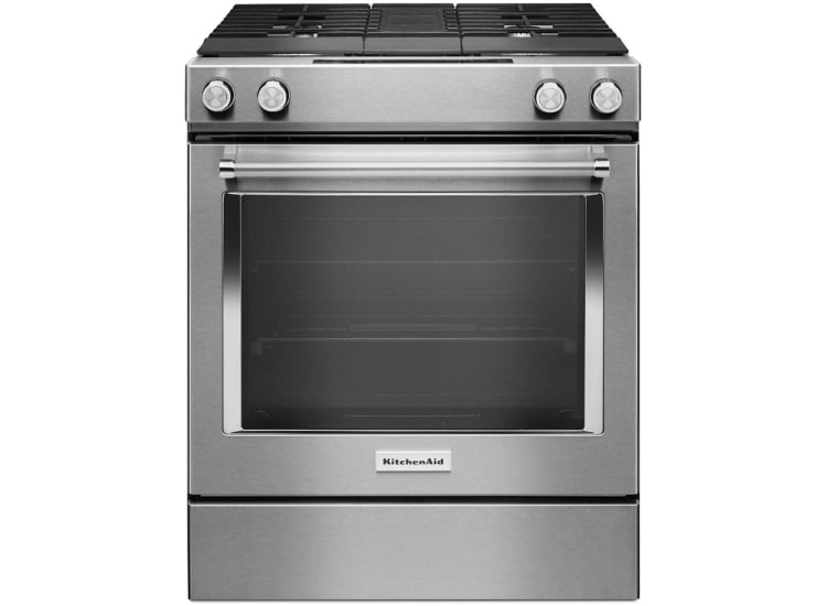 KitchenAid ADA 30 In. Stainless Steel Dual Fuel 4-Burner Downdraft Slide-In Range - KSDG950ESS