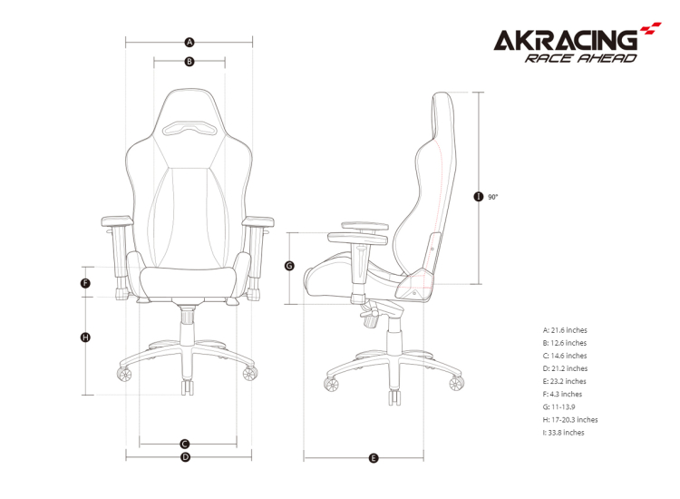 Technical schematic showing chair dimensions and measurements from two angles.