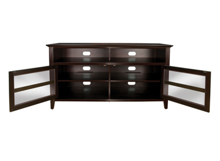 Dark brown wooden entertainment center with both doors open