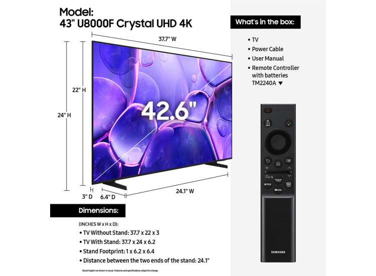 Samsung Crystal UHD U8000F 43-Inch 4K Smart TV in Black - UN43U8000FFXZA