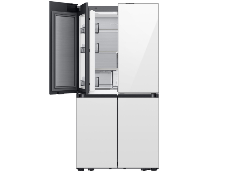 Samsung Bespoke 22 Cu. Ft. Counter Depth 4-Door French Door Refrigerator 36-Inch Wide with Zero Clearance Fit & Food Showcase Door in White Glass - RM80F22WEWAA