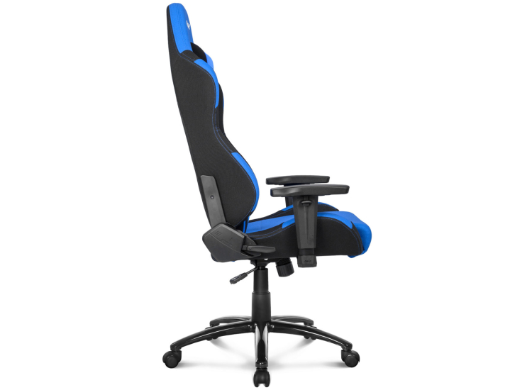 Side view of blue and black AKRACING gaming chair showing armrests, wheels, and base