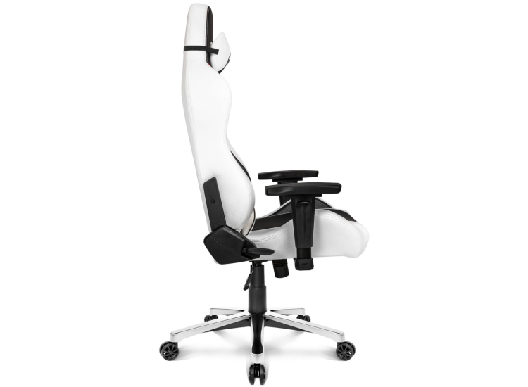 Side view of the same white racing office chair showing profile height, armrest configuration, and tilt mechanism