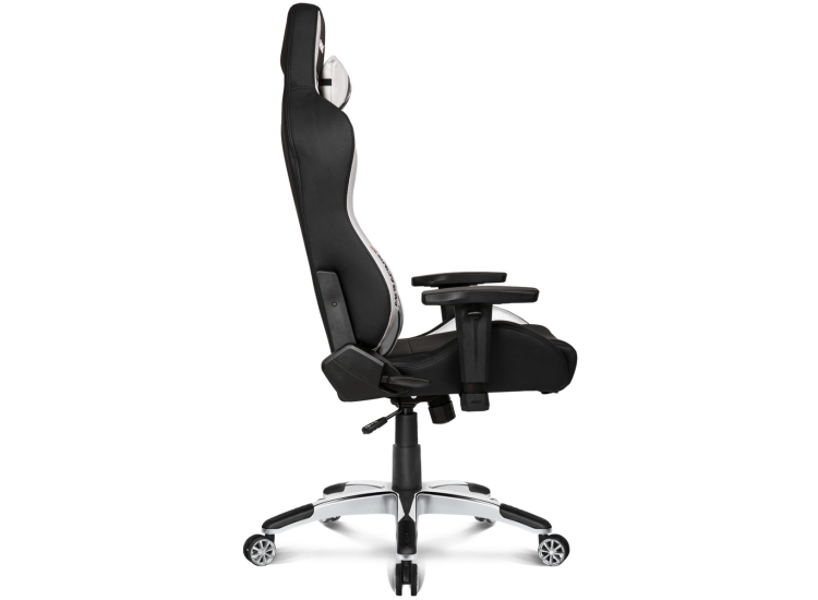 Side profile of AKRACING gaming chair on five-wheel base with adjustable armrests.