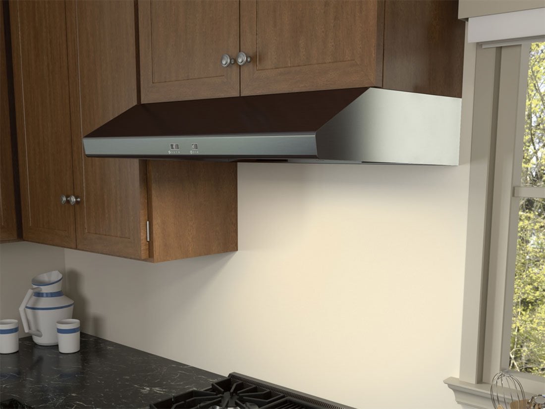 Left angle view of black stainless steel under-cabinet wall hood installed in kitchen