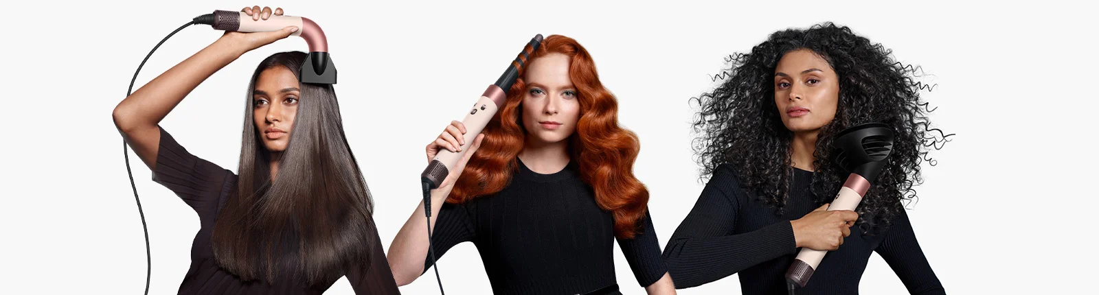 Three models all with different hair types utilizing dyson hairtools showing the functionality of dyson hair care