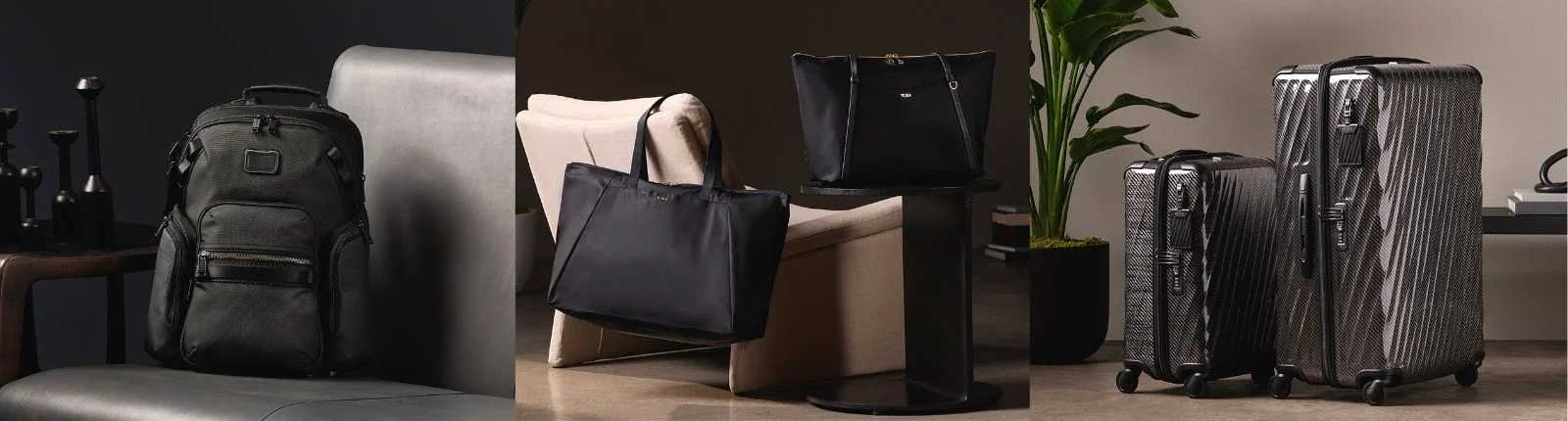 Three Tumi lifestyle images one of a tumi voyager bag, a checked and carry-on luggage set and a backpack showcasing the versatility and range of tumi products