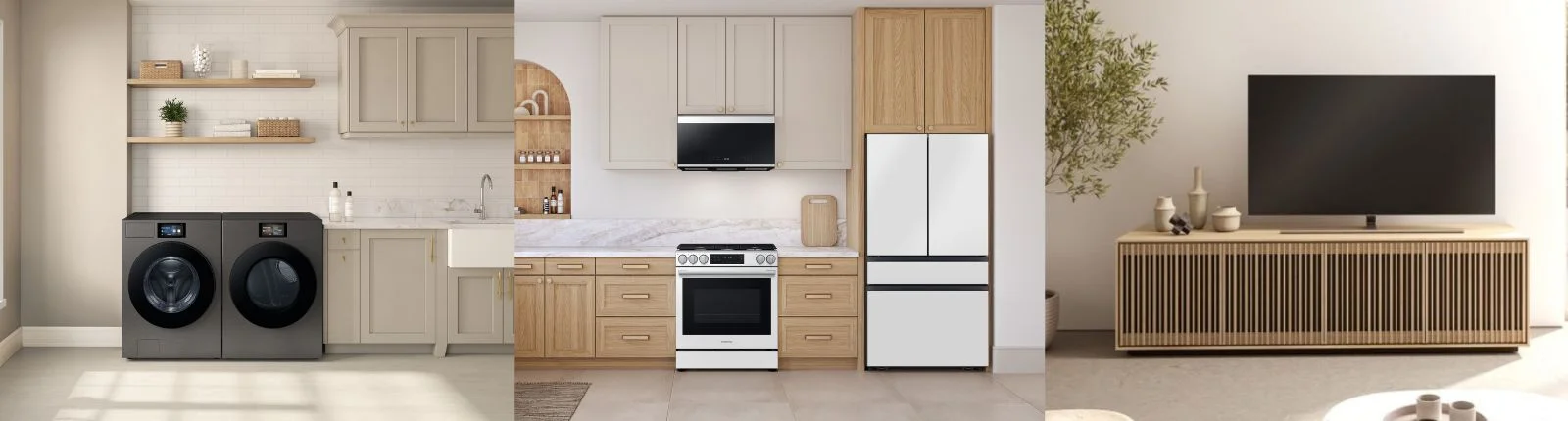 laundry, kitchen, and living room side by side