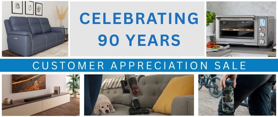 A promotional graphic for Abt’s 2026 Customer Appreciation Sale, featuring a speaker, sofa, TV and soundbar, air fryer and a blender.