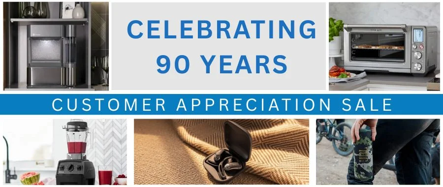A promotional graphic for Abt’s 2026 Customer Appreciation Sale, featuring an ice maker, blender, earbuds, speaker and air fryer.