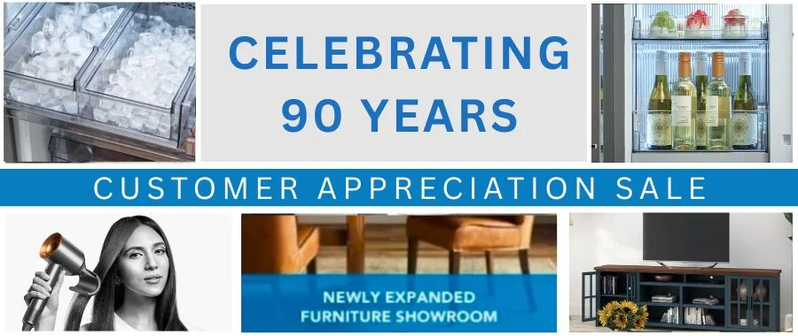 A banner reading 'Celebrating 90 Years, Customer Appreciation Sale, Newly Expanded Furniture Section' Surrounded by images of products from Abt like a TV, furniture and more.
