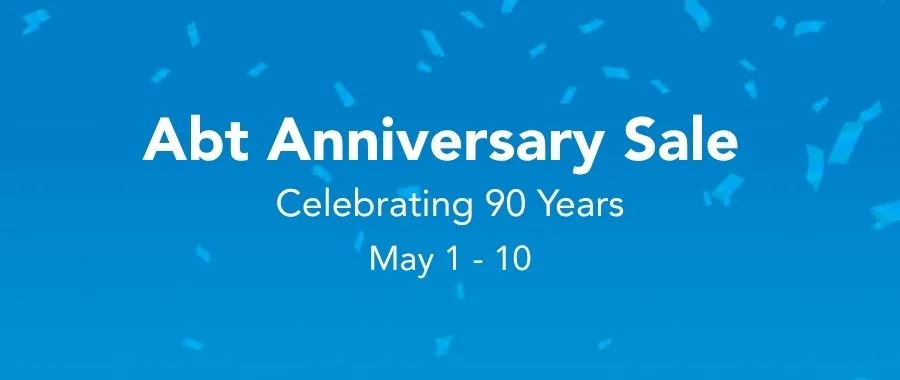 A blue background with confetti and text saying 'Abt Anniversary Sale Celebrating 90 Years, May 1-10'