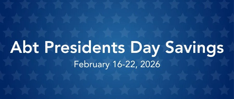 A starry background with the text 'Abt Presidents Day Savings' and 'February 16-22, 2026'