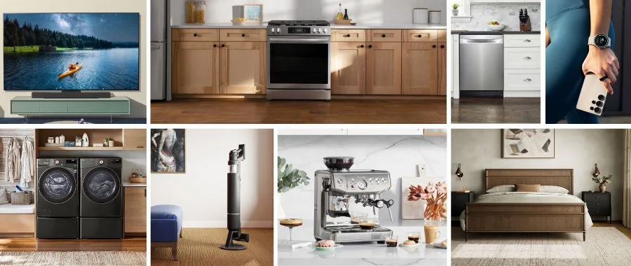 Images of appliances, electronics and furniture, like a TV, range, washer and dryer, an espresso machine and a bed.