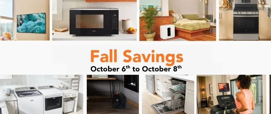 Fall savings banner showcasing sale products like a QLED TV, Sonos Sub, appliances and more; the dates run from October 6th to October 8th.