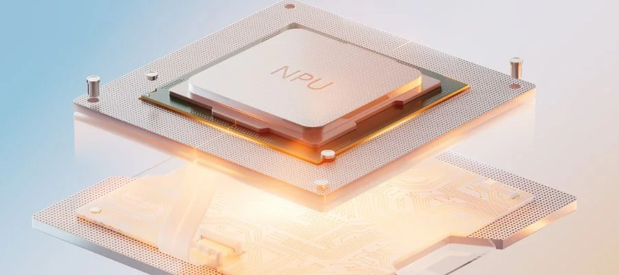 A close up of a bright peach-hued NPU chip that powers a Copilot+ PC