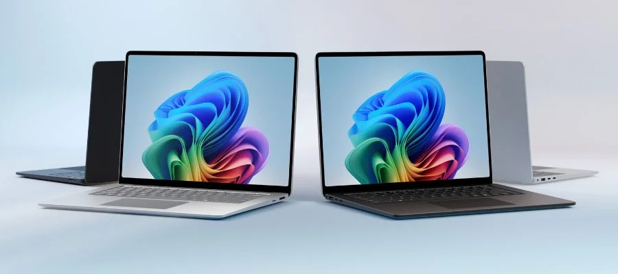 Four Surface laptops in a circle. Two are in black and two in silver.