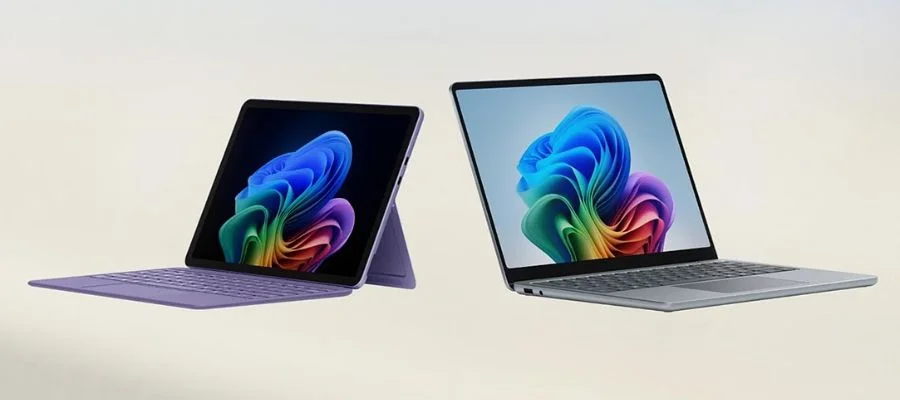 A Surface Pro and Surface Laptop facing away from each other. Both have the same stylistic folded flower background