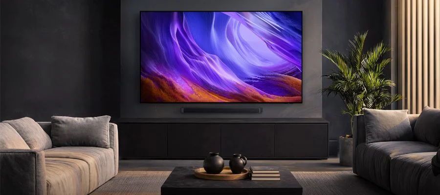 The Samsung S85H oled TV on a wall in a dark room showcasing vibrant colors