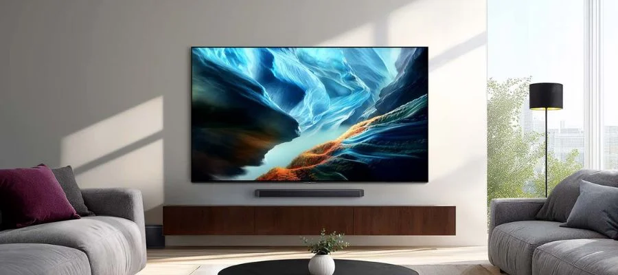 The Samsung S90H Oled TV on a wall in a very sunny living room beside bright windows and a lamp.