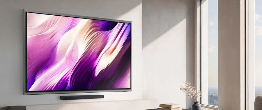 The Samsung S95H on a wall in a sunny living room with a smaller soundbar below it
