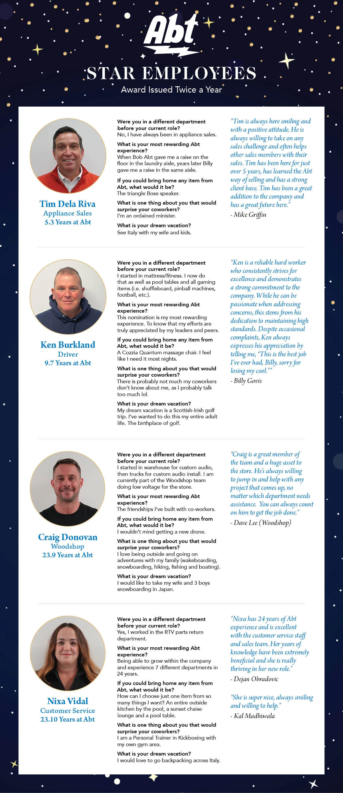Abt Star Employee Flyer that interviews Tim Dela Riva, Ken Burkland, Craig Donovan and Nixa Vidal
