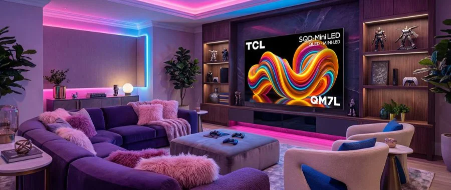 The TCL QM7L in an entertainment center lit by pink and blue LED lights. It's across from a collection of gaming gear, chairs and a sectional