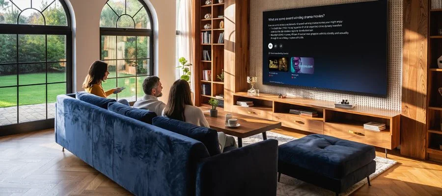 Three adults on a blue sofa across from a large TCL TV in a living room.
