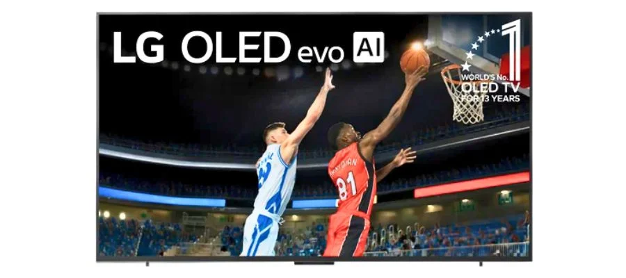 An LG G5 TV on two feet showcasing two different basketball players trying to score a point and defend. The text says 'LG OLED evo AI'