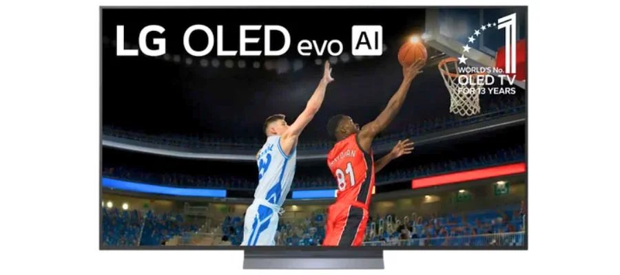 An LG C5 TV on a pedestal showcasing two different basketball players trying to score a point and defend. The text says 'LG OLED evo AI'