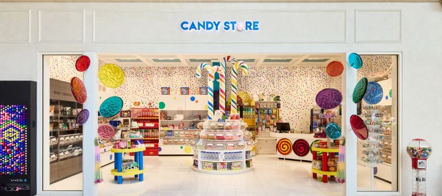 The Abt Candy Store viewed from the atrium, with colorful candy decor, bulk candy and sweets.