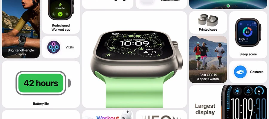 Side view of Apple Watch Ultra with green band.