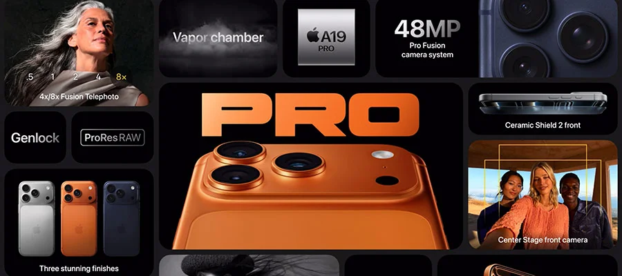 Graphic displaying orange iPhone 17 Pro with blurbs describing its features, like Ceramic Shield and the 48MP camera.
