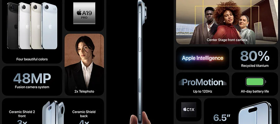 Graphic displaying side view of iPhone Air on a black background.