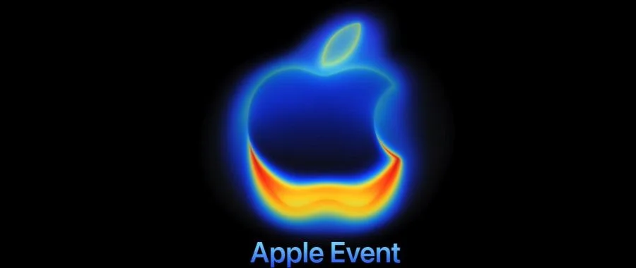 Apple logo with blue and orange glowing effect on a black background.