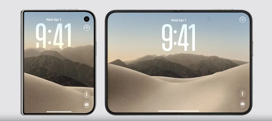 iPhone Duo open and shut, displaying a picture of sandy dunes.