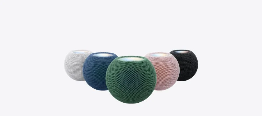 HomePod mini 2 in white, blue, green, light pink and black.