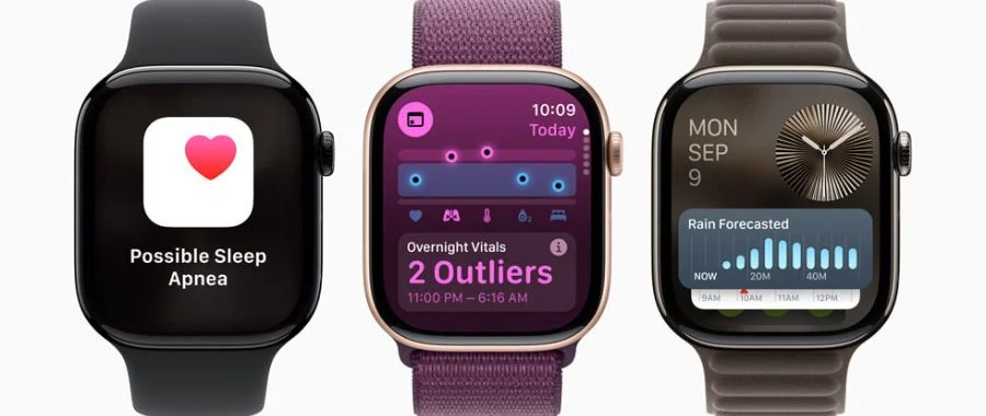 Three Apple Watch Series 11 models, one displaying a sleep apnea screen, another showing overnight vitals and the third showing a classic clock screen and weather forecast.