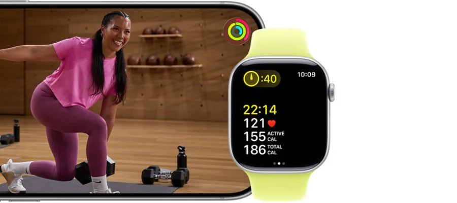 A person using Apple Fitness+ and an image of their Apple Watch and fitness metrics