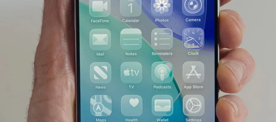 hand holding iPhone with transparent app icons with Liquid Glass design