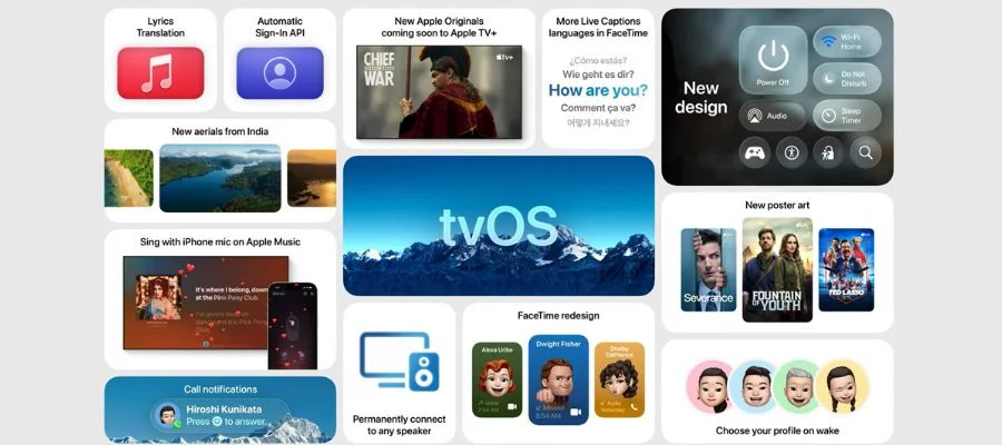graphic displaying features coming to tvOS including lyrics translation, live captions, sing with iPhone and choosing profiles