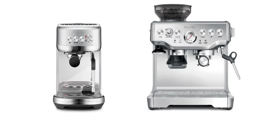 Head-on view of the Breville Bambino Plus and Barista Express machines on a white background.