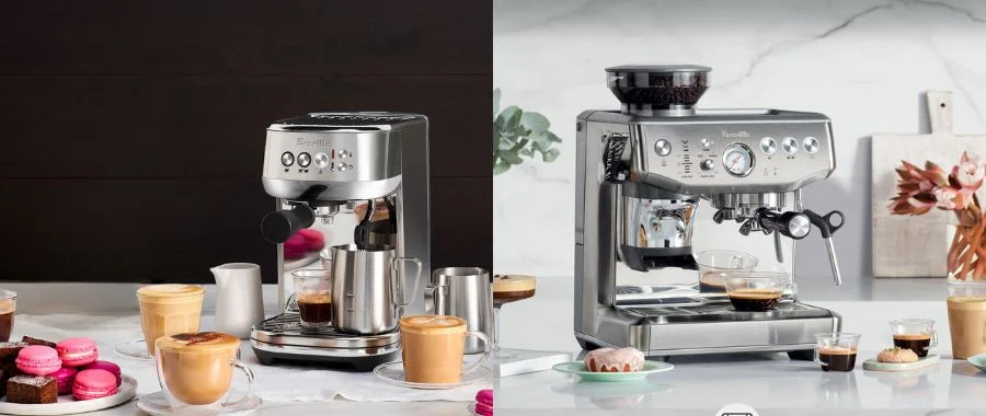 Side-by-side images of the Breville Bambino Plus on a kitchen counter making a shot of espresso, and the Breville Barista Express in a white marble kitchen making a shot of espresso.