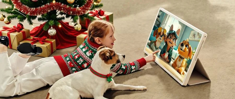 In a room decorated for Christmas, a child is lying on the floor watching a show on the LG StanbyME 2 TV next to their dog.